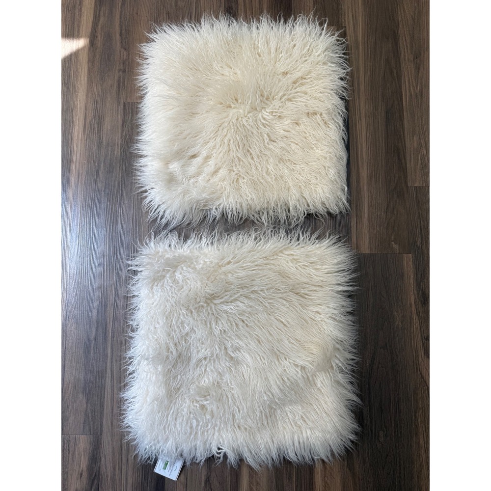 Pottery Barn Mongolian Faux Fur Pillow Covers Set of 2 18x18 Ivory Shaggy New